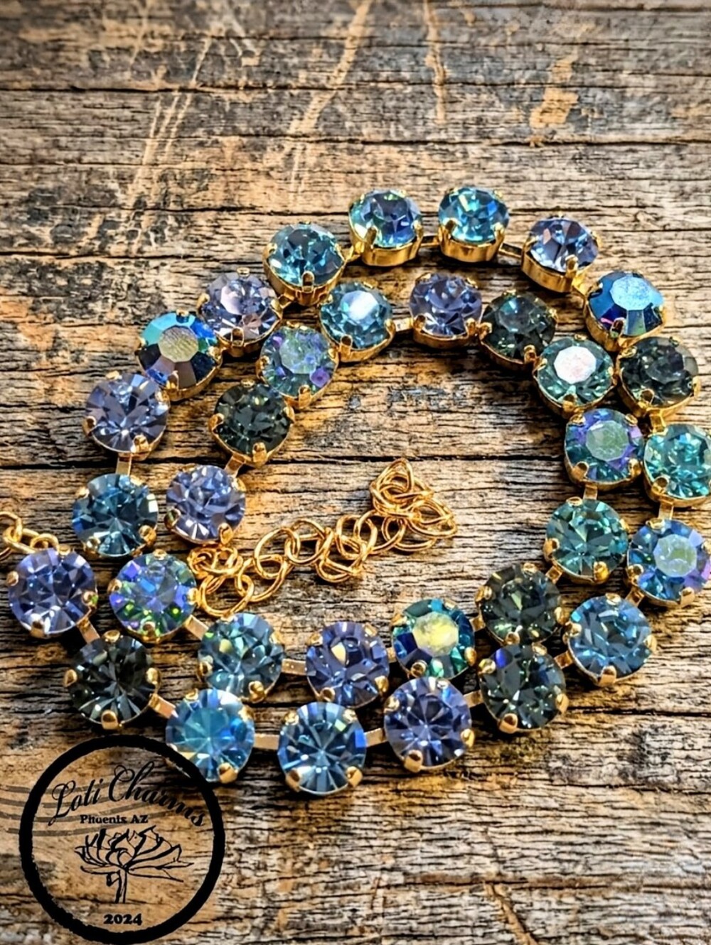 Light Blues Aquamarine Crystal in Classic Tennis Gold Plated Necklace